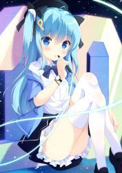 Rule 34 | 1girl, anniversary, ass, black bow, black footwear, black skirt, blue hair, blush, bow, commentary request, hair between eyes, hair bow, hair ornament, hand up, legs together, loafers, long hair, looking at viewer, mimura zaja, parted lips, pixiv, pixiv-tan, revision, shoes, sidelocks, sitting, skirt, solo, thighhighs, thighs, two side up, watch, white thighhighs, wristwatch