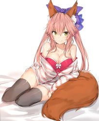Rule 34 | 10s, 1girl, animal ear fluff, animal ears, bare shoulders, bed sheet, bikini, bikini top only, bikini under clothes, black legwear, blush, bow, breasts, casual, cleavage, closed mouth, collarbone, commentary request, fang, fang out, fate/extra, fate (series), fox ears, fox tail, full body, hair between eyes, hair bow, highres, jacket, large breasts, leaning to the side, long hair, long sleeves, looking at viewer, off shoulder, official alternate costume, partially unzipped, pink bikini, pink hair, purple bow, sidelocks, silver (chenwen), simple background, sitting, smile, solo, strapless, strapless bikini, striped clothes, striped jacket, swimsuit, tail, tamamo (fate), tamamo no mae (fate/extra), tamamo no mae (spring casual) (fate), thighs, tsurime, twintails, white background, yellow eyes, yokozuwari, zipper