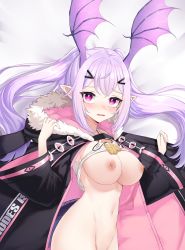 Rule 34 | 1girl, alternate breast size, arknights, black jacket, blush, bottomless, breasts, breasts out, cleavage, clothes lift, clothes writing, dakimakura (medium), dog tags, fur-trimmed hood, fur trim, groin, hair ornament, hairclip, head wings, highres, hood, hooded jacket, jacket, large breasts, long sleeves, looking at viewer, lying, manticore (arknights), midriff, navel, nipples, on bed, open clothes, open jacket, pink eyes, pink jacket, pointy ears, purple hair, shirt lift, simple background, solo, tank top, twintails, two-sided fabric, two-sided jacket, wavy mouth, white background, white tank top, wide sleeves, wings, xooku