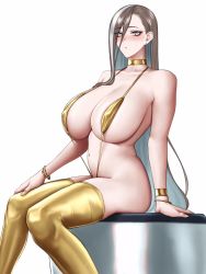 Rule 34 | 1girl, arm support, ass, bare shoulders, bikini, blush, bracelet, breasts, brown hair, choker, cleavage, deconstructor azaz, earrings, gold bikini, gold choker, gold one-piece swimsuit, grey hair, hair between eyes, hand on own thigh, highres, hihizaru badass, jewelry, large breasts, last origin, long hair, looking at viewer, multicolored hair, navel piercing, one-piece swimsuit, piercing, sitting, slingshot swimsuit, streaked hair, sweatdrop, swimsuit, thighhighs