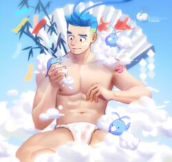 Rule 34 | 1boy, absurdres, altaria, antenna hair, bamboo, bandaid, bandaid on cheek, bandaid on face, bara, blue eyes, blue hair, blue sky, breezem18, bulge, cloud, cloudy sky, creatures (company), fluffy, fundoshi, game freak, gen 3 pokemon, hand fan, heart, highres, holding, japanese clothes, large pectorals, light smile, looking at another, male focus, male underwear, muscular, muscular male, navel, nintendo, nipples, paper fan, pectorals, personification, pokemon, see-through, shoulder tattoo, sitting, sky, swablu, tanabata, tattoo, thick eyebrows, underwear, wet, wet clothes, wet fundoshi
