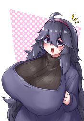 Rule 34 | 1girl, :d, ahoge, alternate breast size, black sweater, blush, border, breasts, creatures (company), dress, game freak, gigantic breasts, h-net15792, hair between eyes, hairband, hands on own chest, happy, hex maniac (pokemon), highres, huge breasts, long hair, long sleeves, looking at viewer, looking up, messy hair, nintendo, open mouth, outside border, pink background, pink hairband, pokemon, pokemon xy, polka dot, polka dot background, purple dress, purple eyes, purple hair, ribbed sweater, ringed eyes, sidelocks, simple background, smile, solo, surprised, sweater, turtleneck, turtleneck sweater, upper body, very long hair, wide hips