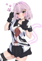 Rule 34 | 1girl, absurdres, animal ears, belt, black gloves, black skirt, black thighhighs, blush, cat ears, cat tail, claw pose, commentary request, cowboy shot, dr.plankton, fake animal ears, fake tail, gloves, highres, kantai collection, looking at viewer, official alternate costume, parted lips, paw print, pink eyes, pink hair, short hair, simple background, skirt, solo, tail, tama (kancolle), tama kai ni (kancolle), thighhighs, white background, white belt