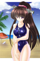Rule 34 | 10s, 1girl, alternate costume, between breasts, breasts, brown eyes, brown hair, cherry blossoms, female focus, flower, hair flower, hair ornament, headgear, kantai collection, large breasts, long hair, looking away, one-piece swimsuit, ponytail, ramune, school swimsuit, solo, swimsuit, very long hair, yakkey, yamato (kancolle)