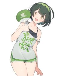 Rule 34 | 1girl, ahoge, alternate hair length, alternate hairstyle, blush, brown eyes, clothes writing, commentary request, green hair, green hairband, green shorts, hairband, hand fan, highres, holding, holding fan, off shoulder, open mouth, pea pod, shirinda fureiru, short hair, short shorts, shorts, simple background, solo, tank top, touhoku zunko, voiceroid, white background