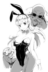 Rule 34 | 1girl, 2boys, animal ears, bald, beard, black leotard, black pantyhose, breasts, bulma, cleavage, curvy, detached collar, dragon ball, facial hair, fake animal ears, flashing, greyscale, kimura daisuke, large breasts, leotard, looking at viewer, monochrome, monster, multiple boys, muten roushi, old, old man, oolong, open mouth, pantyhose, pig, pig snout, playboy bunny, presenting, rabbit ears, revision, simple background, sketch, smile, sunglasses, turtle shell, white background, wrist cuffs