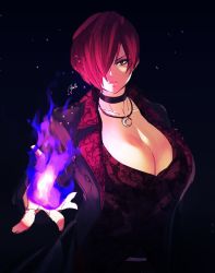 Rule 34 | 1girl, apollo (pixiv884782), black background, black choker, breasts, choker, cleavage, coat, fire, genderswap, genderswap (mtf), hair over one eye, highres, jewelry, large breasts, necklace, open clothes, open coat, patterned clothing, purple fire, red hair, short sleeves, the king of fighters, yagami iori
