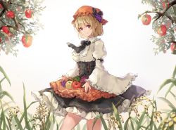 Rule 34 | 1girl, aki minoriko, apple, backlighting, black bow, black bowtie, black skirt, blonde hair, bloom, bow, bowtie, breasts, closed mouth, commentary request, feet out of frame, food, frills, from side, fruit, hat, large breasts, legs apart, long sleeves, looking at viewer, mob cap, orange hat, petticoat, red eyes, shironeko yuuki, short hair, simple background, skirt, skirt basket, smile, solo, standing, touhou, white background, wide sleeves