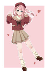 1girl 22/7 alternate_hairstyle asymmetrical_bangs blunt_bangs border brown_footwear brown_skirt closed_mouth green_eyes hands_up hat heart highres jacket kamiki_mikami loafers long_hair looking_at_viewer open_hands outside_border pink_background pink_hair pleated_skirt red_hat red_jacket shoes skirt smile socks solo standing standing_on_one_leg tanpaku_(oqu_2) two_side_up white_border white_socks