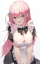 Rule 34 | 1girl, absurdres, alternate costume, blue eyes, bocchi the rock!, breasts, cleavage, cube hair ornament, enmaided, gotoh hitori, gradient background, grey background, hair between eyes, hair ornament, highres, large breasts, long hair, looking at viewer, maid, pink hair, sarika, solo