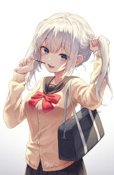 Rule 34 | 1girl, absurdres, bag, black sailor collar, black skirt, bow, breasts, brown cardigan, bunching hair, cardigan, food, food on face, gradient background, grey background, highres, holding, holding food, long sleeves, looking at viewer, myung yi, open mouth, original, pleated skirt, pocky, pocky day, red bow, sailor collar, school bag, school uniform, serafuku, silver hair, skirt, small breasts, solo, teeth, twintails, upper teeth only, white background