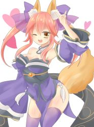 Rule 34 | 10s, 1girl, animal ears, bad id, bad pixiv id, bare shoulders, blue thighhighs, bow, breasts, cleavage, detached sleeves, fate/extra, fate (series), fox ears, fox shadow puppet, fox tail, hair bow, hair ribbon, heart, japanese clothes, long hair, m/, one eye closed, open mouth, pink hair, ribbon, simple background, solo, tail, tamamo (fate), tamamo no mae (fate/extra), thighhighs, twintails, white background, yellow eyes