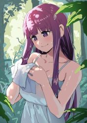 Rule 34 | 1girl, amog, breasts, cleavage, collarbone, dress, drying, drying hair, female focus, fern (sousou no frieren), matching hair/eyes, outdoors, plant, purple eyes, purple hair, smile, solo, sousou no frieren, spaghetti strap, sundress, towel, upper body, wet, white dress