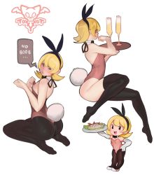 Rule 34 | 1boy, alcohol, animal ears, areola slip, artist name, ass, bare shoulders, black hairband, black pantyhose, blonde hair, blush, bow, bowtie, brown eyes, champagne, champagne flute, chibi, crossdressing, cup, detached collar, drinking glass, fake animal ears, fake tail, hairband, highres, leotard, looking at viewer, looking back, male focus, male playboy bunny, medium hair, multiple views, nose blush, original, pantyhose, playboy bunny, rabbit ears, rabbit tail, seiza, sitting, solo, speech bubble, standing, strapless, strapless leotard, tail, thighhighs, toxxy, trap, tray, white background, wrist cuffs