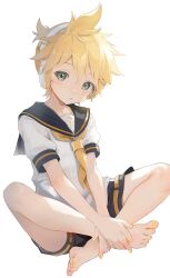 Rule 34 | 1boy, aqua eyes, artist request, bass clef, bishounen, blonde hair, blue eyes, cocolo (co co lo), commentary, crossed legs, headphones, headset, highres, kagamine len, looking at viewer, male focus, messy hair, musical note, musical note print, necktie, open mouth, own hands together, short hair, short sleeves, solo, vocaloid, yellow nails, yellow necktie