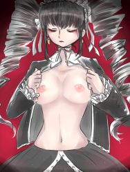 Rule 34 | 1girl, arms up, bare stomach, bell, bell earrings, black dress, black hair, black jacket, blush, bow, bowtie, breasts, breasts out, celestia ludenberg, closed eyes, closed mouth, collared shirt, danganronpa: trigger happy havoc, danganronpa (series), dress, drill hair, earrings, ears, female focus, frilled shirt, frilled sleeves, frills, gothic lolita, hair bow, hair drill, hair ribbon, hands up, headdress, jacket, jewelry, lolita fashion, long hair, long sleeve shirt, long sleeved jacket, long sleeves, medium breasts, napon, navel, neck ribbon, nipples, no bra, open clothes, open shirt, opening shirt, partially undressed, pink lips, red background, ribbon, ruffled shirt, shirt, simple background, smile, solo, stomach, twin drills, upper body, white bow, white headdress, white headwear, white ribbon, white shirt