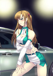 Rule 34 | 1girl, breasts, brown hair, car, cleavage, cleavage cutout, clenched teeth, clothing cutout, covered erect nipples, detached sleeves, dildo under panties, discreet vibrator, embarrassed, f-ism, green eyes, long hair, medium breasts, miniskirt, motor vehicle, murakami suigun, object insertion, original, panties, pantyshot, public indecency, public vibrator, race queen, sex toy, skirt, solo, standing, teeth, underwear, upskirt, vaginal, vaginal object insertion, vehicle, vibrator, vibrator under clothes, vibrator under panties, white panties