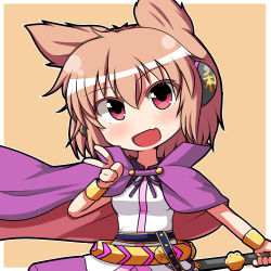 Rule 34 | 1girl, belt, brown hair, cape, head tilt, headphones, mono (mono60), open mouth, red eyes, seven-branched sword, solo, touhou, toyosatomimi no miko, v