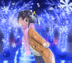 Rule 34 | 1girl, absurdres, ahoge, alternate costume, arms behind back, blue eyes, brown coat, christmas, chuunibyou demo koi ga shitai!, coat, commentary request, cowboy shot, eyepatch, from side, green eyes, hair ribbon, highres, leaning forward, looking at viewer, one side up, open clothes, open coat, pink scarf, ribbon, scarf, shikkoku no hono mikado, short hair, skirt, snowflakes, solo, takanashi rikka, yellow ribbon