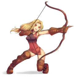 Rule 34 | 1girl, archer (fft), armpits, blonde hair, boots, bow (weapon), final fantasy, final fantasy tactics, gloves, hip focus, kara (color), long hair, low-tied long hair, on one knee, open mouth, orange eyes, simple background, solo, squatting, thigh boots, thighhighs, thighs, weapon, white background