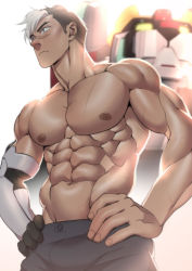 Rule 34 | 1boy, abs, absurdres, bara, black hair, black pants, closed mouth, hands on own hips, highres, hyakujuu-ou golion, large pectorals, male focus, mechanical arms, muscular, muscular male, navel, nipples, pants, pectorals, scar, scar on chest, scar on face, scar on nose, short hair, single mechanical arm, solo, suyohara, takashi shirogane, topless male, undercut, white hair