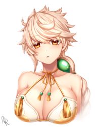 Rule 34 | 1girl, asymmetrical hair, bare shoulders, blush, breasts, cleavage, cloud print, collarbone, highres, kantai collection, large breasts, looking at viewer, parted lips, rom (kochirasama), silver hair, solo, swept bangs, unryuu (kancolle), upper body, wavy hair, yellow eyes