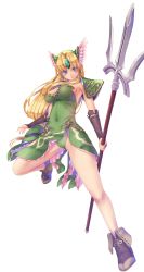 Rule 34 | 1girl, armor, blonde hair, blue eyes, bow, breasts, bridal gauntlets, closed mouth, covered navel, dress, earrings, forehead jewel, green bow, green dress, green panties, highres, holding, holding polearm, holding spear, holding weapon, jewelry, kirishima satoshi, leotard, long hair, looking at viewer, low-tied long hair, medium breasts, panties, pauldrons, polearm, riesz, seiken densetsu, seiken densetsu 3, shoulder armor, simple background, solo, spear, strapless, strapless dress, underwear, very long hair, weapon, white background