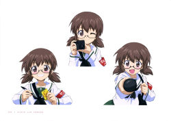 Rule 34 | 10s, 1girl, absurdres, armband, blouse, blush, brown eyes, brown hair, girls und panzer, glasses, grin, highres, holding, long sleeves, looking at viewer, microphone, multiple views, notepad, open mouth, ou taiga, pen, school uniform, serafuku, shirt, simple background, smile, twintails, upper body, white background