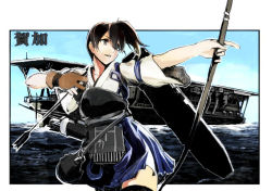 Rule 34 | 10s, 1girl, arrow (projectile), bad id, bad pixiv id, bow (weapon), brown hair, character name, cloud, hair between eyes, historical name connection, japanese clothes, kaga (aircraft carrier), kaga (kancolle), kantai collection, name connection, object namesake, ocean, pleated skirt, short hair, side ponytail, skirt, sky, solo, syatey, thighhighs, weapon, zettai ryouiki