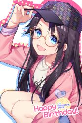 Rule 34 | 1girl, :d, arm up, baseball cap, black hair, black hat, blue eyes, character name, clothes writing, commentary, dated, glasses, hand on headwear, happy birthday, hat, heart, highres, idolmaster, idolmaster shiny colors, jacket, jenevan, long hair, long sleeves, looking at viewer, mitsumine yuika, open clothes, open jacket, open mouth, pink jacket, round eyewear, shirt, smile, solo, squatting, white shirt, yellow-framed eyewear