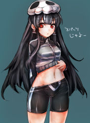 Rule 34 | 1girl, :&lt;, bike shorts, borrowed character, clothes lift, dokurohime, earrings, highres, jacket, jewelry, long hair, looking at viewer, midriff, navel, original, red eyes, shorts, simple background, skirt, skirt lift, skull, solo, taishi (picchiridou), track jacket, translation request, zipper