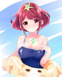 Rule 34 | 1girl, bad id, bad twitter id, beach, breasts, covered navel, earrings, gem, headpiece, jewelry, large breasts, looking at viewer, madanai (morisumeshi), nintendo, one-piece swimsuit, pyra (xenoblade), red eyes, red hair, short hair, simple background, solo, swimsuit, tiara, tora (xenoblade 2), water, xenoblade chronicles (series), xenoblade chronicles 2, xenoblade chronicles (series), xenoblade chronicles 2