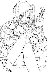 Rule 34 | 1girl, breasts, coin, crossed legs, greyscale, hat, highres, hololive, houshou marine, large breasts, looking at viewer, lying, modare, monochrome, pirate, pirate hat, sketch, sleeves past wrists, smile, solo, treasure chest, twintails, unfinished, virtual youtuber