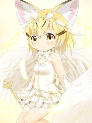 Rule 34 | 10s, 1girl, alternate costume, animal ear fluff, animal ears, bare shoulders, blonde hair, blush, brown eyes, cat ears, closed mouth, commentary request, dress, elbow gloves, feathered wings, gloves, glowing, gradient hair, hair between eyes, hair ornament, highres, holding, holding staff, kemono friends, multicolored hair, sand cat (kemono friends), shin01571, smile, solo, staff, white dress, white gloves, white hair, white wings, wings