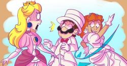 Rule 34 | 1boy, 2girls, alternate costume, assertive female, blonde hair, blush, bow, bowtie, breasts, brown hair, dress, earrings, facial hair, flower earrings, formal, gloves, grin, hat, jewelry, laughing, long hair, looking at another, mario, mario (series), medium breasts, multiple girls, mustache, nintendo, open mouth, princess daisy, princess peach, puffy short sleeves, puffy sleeves, short sleeves, small breasts, smile, spanked, suit, super mario land, super mario odyssey, super smash bros, super smash bros., surprised, tomboy, top hat, white dress