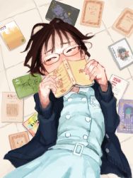 Rule 34 | 1girl, bad drawr id, bad id, belt, blue dress, blue jacket, blush, book, brown eyes, brown hair, buttons, covering face, dress, glasses, holding, holding book, jacket, looking to the side, messy hair, mosaique, on floor, original, scattered books, short hair, tile floor, tiles, translation request