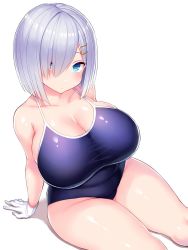 Rule 34 | 1girl, arm support, blue eyes, blue one-piece swimsuit, blush, breasts, cleavage, collarbone, competition school swimsuit, curvy, female focus, from above, gloves, hair ornament, hair over one eye, hairclip, hamakaze (kancolle), highres, huge breasts, impossible clothes, kantai collection, looking at viewer, looking up, one-piece swimsuit, plump, school swimsuit, shadow, shiny skin, short hair, silver hair, simple background, sitting, skindentation, solo, swimsuit, thick thighs, thighs, tsukumiya amane, white background, white gloves, wide hips