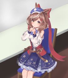 Rule 34 | absurdres, animal ears, belt bag, blush, brown hair, chair, commentary request, hair ornament, hair ribbon, hairclip, hat, highres, horse ears, long sleeves, looking at viewer, matikane tannhauser (umamusume), medium hair, open mouth, ribbon, simple background, sitting, solo, table, umamusume, yellow eyes, yellow tail! (artist)