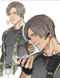 Rule 34 | blue eyes, brown hair, bug, butterfly, closed mouth, earpiece, fingerless gloves, gloves, highres, insect, leon s. kennedy, light smile, muscular, non-web source, pectorals, resident evil, shirt, tatsumi (psmhbpiuczn)
