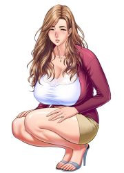 Rule 34 | 1girl, breasts, brown eyes, brown hair, cleavage, female focus, high heels, huge breasts, jewelry, lips, long hair, mature female, miniskirt, mole, necklace, ring, shirt, shoes, simple background, skirt, solo, squatting, tatsunami youtoku, toes, white background