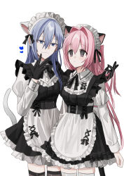 Rule 34 | 2girls, alternate costume, animal ear fluff, animal ears, apron, black dress, blue eyes, brown thighhighs, cat ears, cat girl, cat tail, chihuri, closed mouth, collared shirt, commentary, dress, dress shirt, ende (chihuri), enmaided, frilled apron, frills, grey hair, hair between eyes, hair intakes, hand in another&#039;s hair, heart, highres, juliet sleeves, long hair, long sleeves, maid, maid headdress, multiple girls, nea (chihuri), original, pink hair, puffy sleeves, purple eyes, revision, shirt, simple background, sleeveless, sleeveless dress, smile, tail, thighhighs, very long hair, waist apron, white apron, white background, white shirt, white thighhighs, yuri