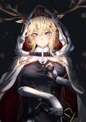 Rule 34 | 1girl, absurdres, animal ears, antlers, antlers through hood, arknights, black background, black shirt, blonde hair, blue eyes, blush, breasts, candle, cloak, deer antlers, deer ears, deer girl, ears through hood, fire, gauntlets, hair between eyes, hair ornament, highres, holding, holding candle, hood, hood up, hooded cloak, horns, large breasts, looking at viewer, lycoris-fullbloom, shirt, simple background, smile, solo, two-sided cloak, two-sided fabric, upper body, viviana (arknights), white cloak, x hair ornament