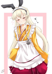 Rule 34 | 1girl, alternate costume, anchor, anchor hair ornament, apron, black hairband, blonde hair, commentary request, enmaided, frilled kimono, frills, grey eyes, hair ornament, hairband, hakama, hakama skirt, highres, japanese clothes, kantai collection, kimono, long hair, looking at viewer, maid, maid apron, maid headdress, red hakama, shimakaze (kancolle), signature, skirt, solo, tokiziku, wa maid, white background, yellow kimono