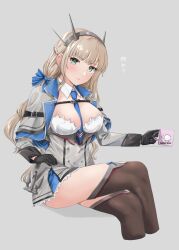 Rule 34 | 1girl, between breasts, black gloves, blue bow, blue necktie, blush, bow, breasts, brown eyes, brown thighhighs, capelet, closed mouth, commentary request, cropped legs, crossed legs, cup, dress, gloves, green eyes, grey background, hair bow, headgear, highres, holding, holding cup, jouzaburou (joe3), kantai collection, long hair, long sleeves, looking at viewer, maryland (kancolle), medium breasts, mug, necktie, necktie between breasts, simple background, sitting, solo, thighhighs, translated