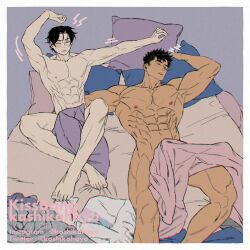 Rule 34 | 2boys, abs, artist name, bara, bed, bed sheet, black hair, blush, closed eyes, closed mouth, couple, instagram username, kashikahaya, large pectorals, lying, male focus, multiple boys, muscular, muscular male, naked sheet, navel, nipples, on back, on bed, original, pectorals, short hair, sleeping, thick thighs, thighs, twitter username, yaoi