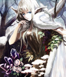 Rule 34 | 1girl, blue eyes, breasts, cape, crystal, dress, elf, female focus, flower, food, forest, fruit, fur, grapes, leaf, lips, long hair, madoi shiroo, nature, original, outdoors, plant, pointy ears, rose, snow, solo, strawberry, thorns, tree, white hair, winter