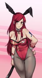 Rule 34 | 1girl, animal ears, arm at side, bare shoulders, breasts, brown eyes, cleavage, closed mouth, cowboy shot, detached collar, erza scarlet, fairy tail, fake animal ears, hand on own hip, head tilt, highres, holding, large breasts, leaning forward, leotard, long hair, looking at viewer, pantyhose, playboy bunny, rabbit ears, red hair, ryairyai, solo, standing, tattoo, wrist cuffs