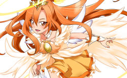 Rule 34 | 1girl, :d, bow-shaped hair, brooch, choker, commentary request, cure sunny, cure sunny (princess form), dress, eyelashes, hair ornament, happy, hino akane (smile precure!), jewelry, kurose kousuke, long hair, looking at viewer, magical girl, open mouth, orange dress, orange eyes, orange hair, orange theme, precure, simple background, smile, smile precure!, solo, white background, wrist cuffs