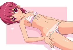 Rule 34 | 10s, 1girl, :o, aino megumi, bikini, bikini pull, clothes pull, front-tie top, hair ornament, hairclip, happinesscharge precure!, k10k, looking at viewer, lying, navel, pink eyes, pink hair, ponytail, precure, pulling own clothes, shiny skin, short hair, side-tie bikini bottom, solo, striped bikini, striped clothes, swimsuit, tan, tanline