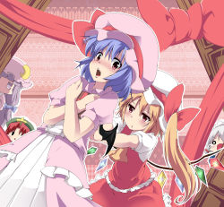 Rule 34 | 5girls, ascot, bat wings, blonde hair, blouse, blue hair, blush, box, chibi, chocolate, crescent, crying, drooling, fang, female focus, flandre scarlet, gift, gift box, hair ribbon, hands on own chest, hat, hat ribbon, highres, hong meiling, izayoi sakuya, lace, long hair, looking at viewer, maid headdress, mob cap, multiple girls, noa (nagareboshi), o o, open mouth, patchouli knowledge, purple eyes, purple hair, pushing, red eyes, red hair, remilia scarlet, ribbon, shirt, short hair, short sleeves, siblings, side ponytail, sidelocks, silver hair, sisters, skirt, skirt set, solid circle eyes, star (symbol), streaming tears, striped, striped background, sweatdrop, tears, touhou, vest, wings